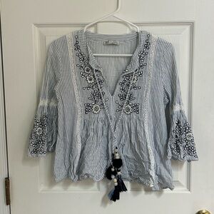 ZARA trf Collection Women's Blouse Blue and White Striped Embroidered Size S